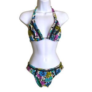 Y2K Betsey Johnson Petal Pusher Bikini Dark Floral Hipster Bottom Triangle Top